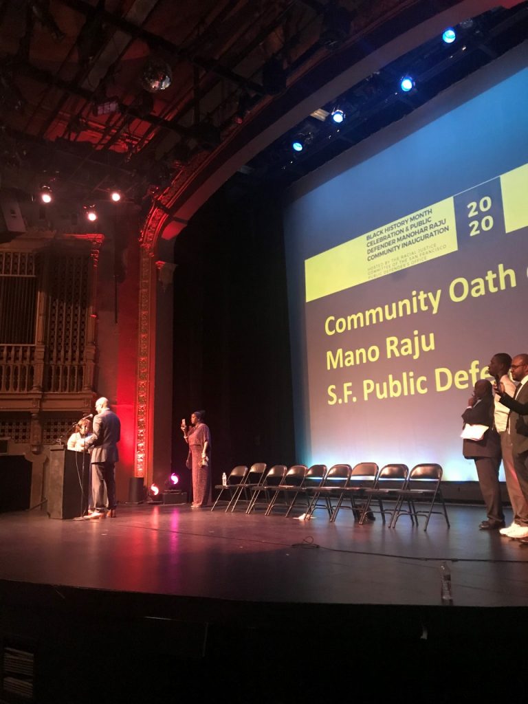 Mother of Mario Woods Administers Oath to San Francisco Public Defender Mano Raju at packed Community Inauguration