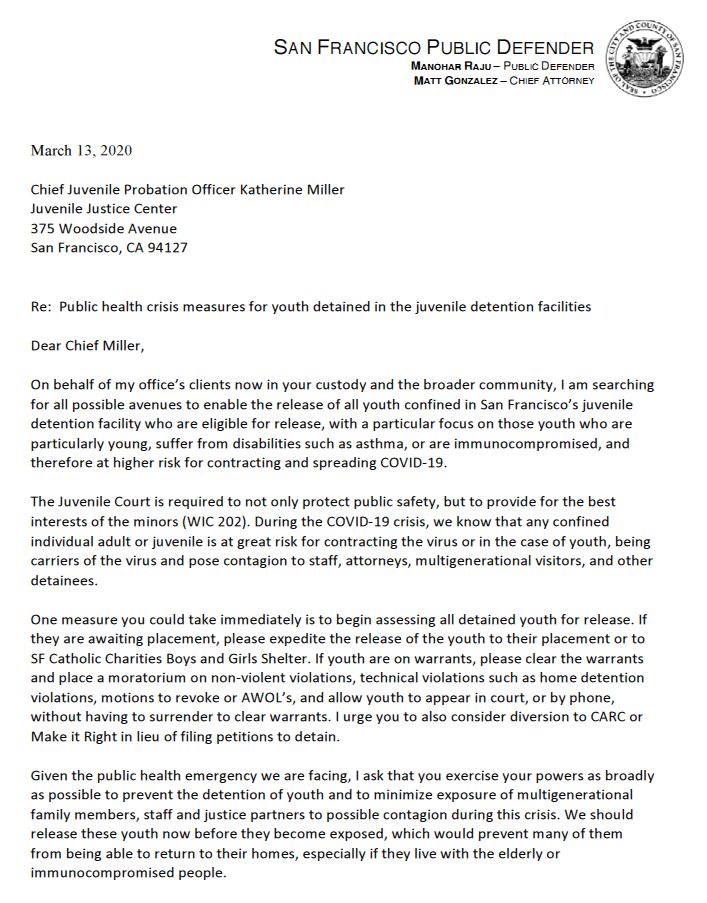 Letter to Juvenile Probation in regards to COVID-19