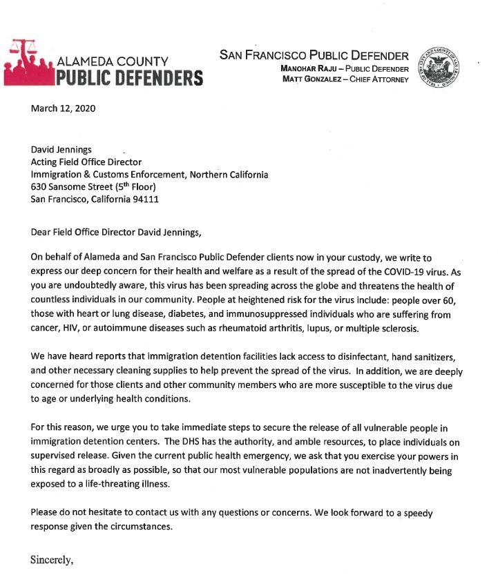 San Francisco and Alameda County Public Defenders’ joint letter to ICE of Northern California