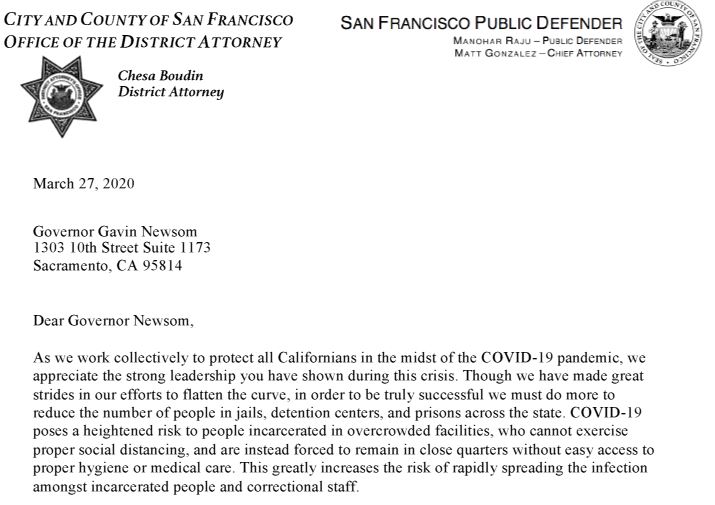SF Public Defender & District Attorney Offer Expertise & Solutions for Safely Reducing the Statewide Prison Population Amid COVID-19