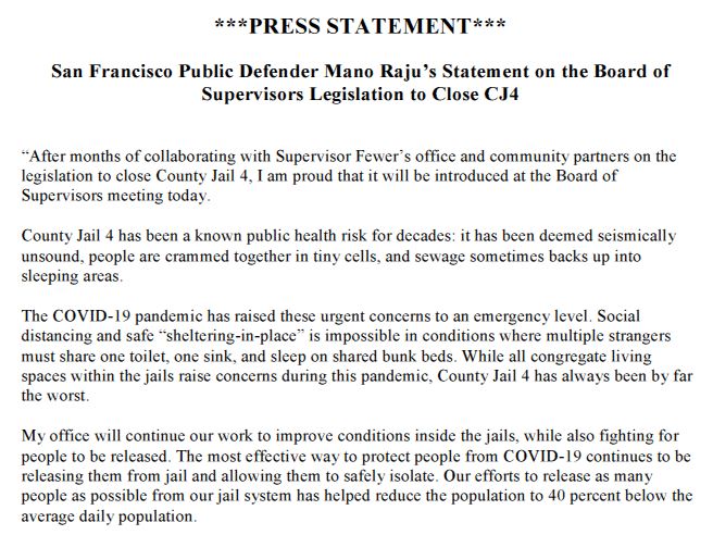 SF Public Defender Mano Raju’s Statement on the Board of Supervisors Legislation to Close CJ4
