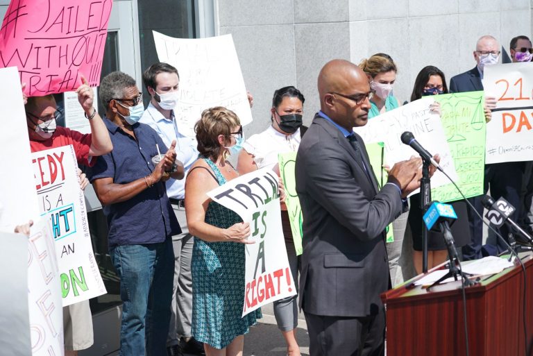 Dozens Rally Outside the Hall of Justice Denouncing Court Violations of People’s Speedy Trial Rights